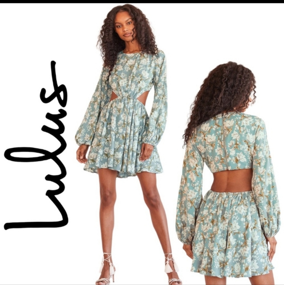 First Blooms Dusty Blue Floral Print Long Sleeve Cutout Dress